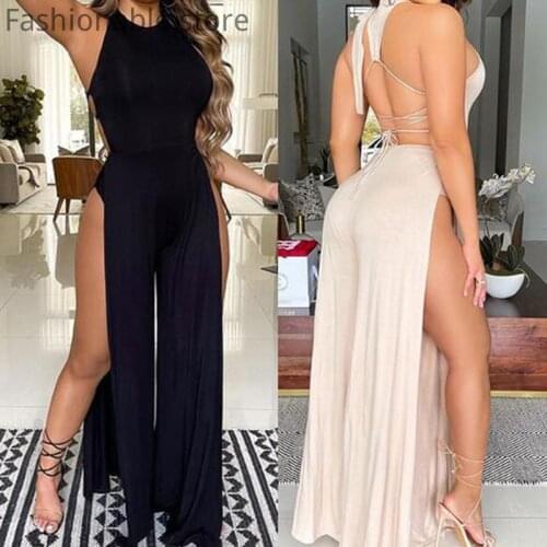 Sexy Solid Color O-neck Backless Romper High Split Sexy Jumplsuits
