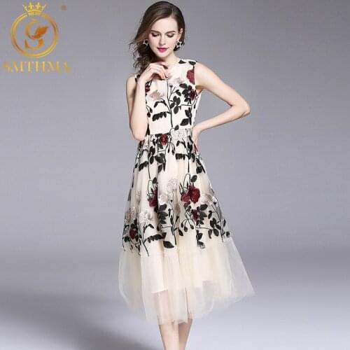 SMTHMA 2021 New Arrival Women Mesh Embroidery Long Dress Ladies Sleeveless Casual Brand Chic Dresses Vestidos