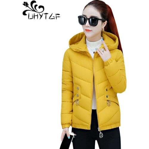 UHYTGF coats women winter down jacket parker women hooded zipper Thick Warm short cotton jacket Korean loose plus size coat 1245