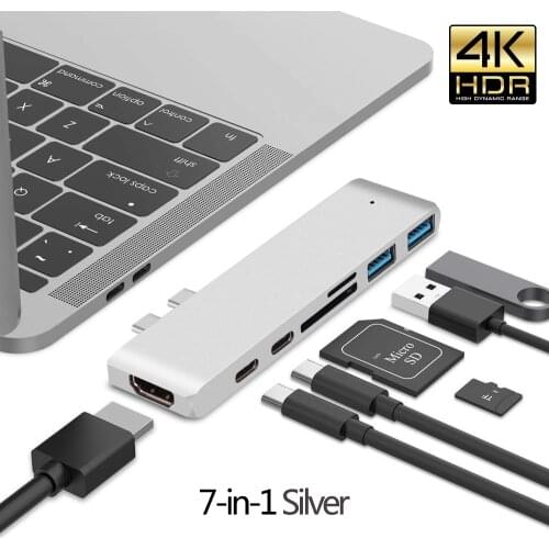 7 in 1 USB 3.1 Type-C Hub To HDMI Adapter 4K Thunderbolt 3 USB C Hub with Hub 3.0 TF SD Reader for MacBook Pro/Air 2018 - 2020