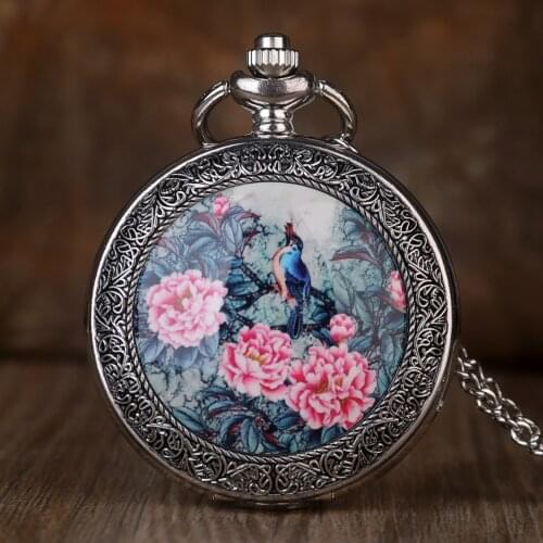 Vintage Silver Quartz Pocket Watch Chain Vivid Bird On the Tree with Exquisite Flowers patterns Necklace Pendant Gifts clock