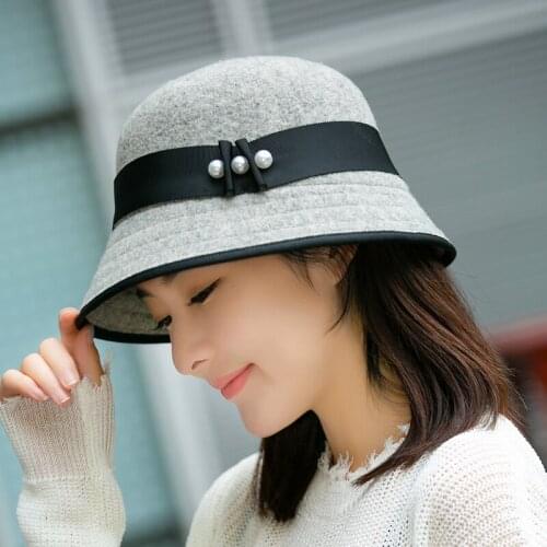 H7717 Women Fedoras Hat Autumn Winter Korean Retro Wool Pearl Basin Cap Elegant High Quality Fashion Party Shopping Lady Hats