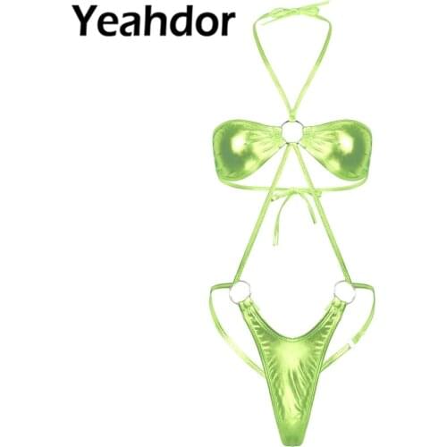 Women Shiny Metallic Lingerie Halter Neck Backless Slingshot Mini Trikini Thong Teddy Bodysuit Nightwear Sexy One-piece Swimsuit