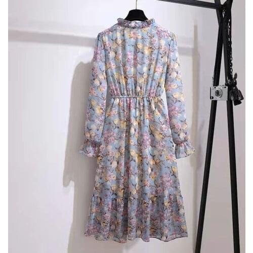 Beautiful Fashion Spring Autumn Women Long Sleeve Dress Retro Collar Casual Slim Dresses Floral Printing Chiffon Sexy