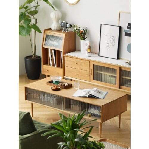 Coffee table simple living room Japanese-style small apartment log color white oak Nordic style glass solid wood table