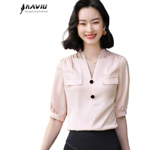 2021 Summer New Pink Shirt Women Chiffon Fashion Temperament V Neck Half Sleeve Blouses Office Ladies Work Tops White