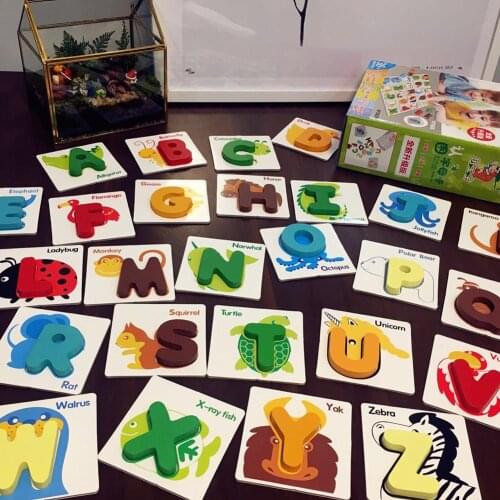26Pcs Wooden Alphabet Letters Animal Match Puzzles Cards Preshcool Educational toys Learning Toy gifts