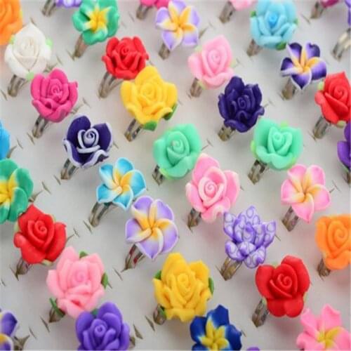 30Pcs/Lots Lovely Mixed Color Resin Flower Rings Adjustable Crystal Children Rings For Girls Boys Party Jewelry Gifts Wholesale