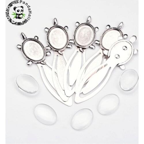 5 Sets Oval Bookmark Makings Sets with Alloy Cabochon Settings and 25mm Glass Cabochons for Jewelry Making Findings 94x27x3.5mm