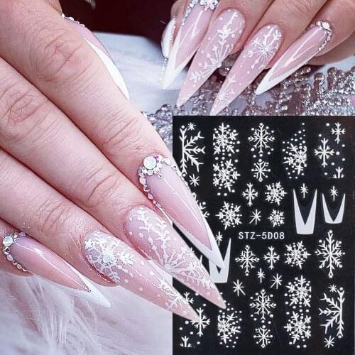 5D White Christmas Nail Stickers Winter Embossed French Snowflake New Year Decorations Gel Polish Decals Manicure LESTZ5D01-08