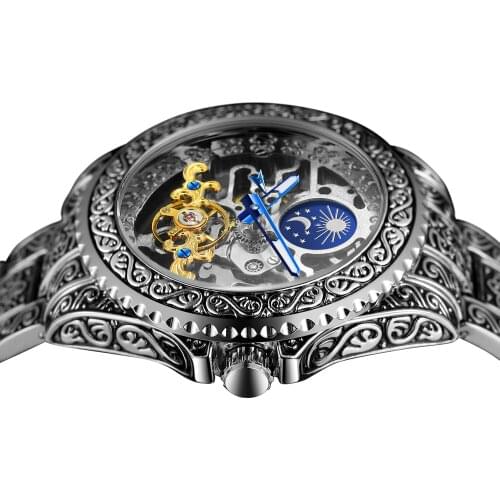 Forsining Luxury Men Automatic Wristwatch Waterproof Skeleton Mens Mechanical Moon Pash Vintage Watches With Luminous Pointers