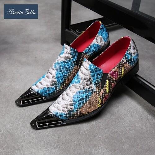 Christia Bella New Fashion Printing Genuine Leather Men Business Shoes Plus Size Slip on Metal Pointed Toe Formal Dress Shoes