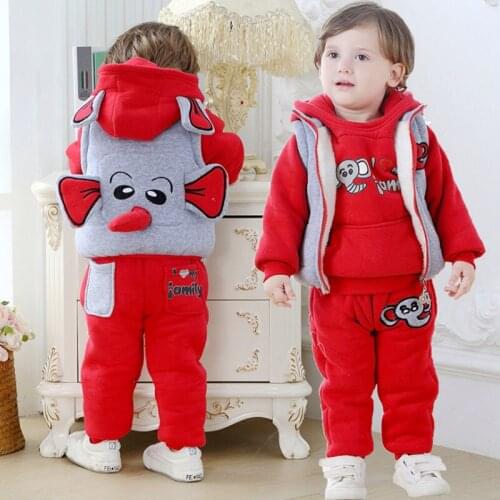 2021 Children Plush Baby Boys Cute Cartoon Elephant Sweater For Girls' Three Piece Clothes Plus Velvet Thickening Top+Pants+Vest