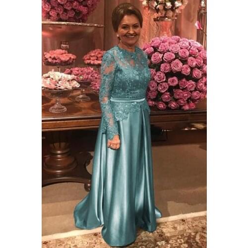 Long Mother of the Bride Dresses 2020 Satin Lace Full Sleeves O Neck A Line Sash Formal Evening Mom vestidos de Madrinha Farsali