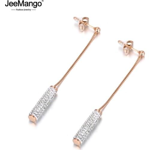 JeeMango Shiny Cylinder Crystals Inlayed Stainless Steel Earrings Trendy Rose Gold Jewelry Anniversary For Women Lady JE18106