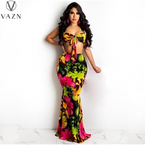 VAZN 2021 Backless Young Sexy Geometric Elements Print Halter Off Shoulder Fashion Top Maxi Mermaid Skirts Women 2 Piece Set