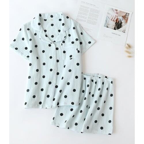 Korean Cute Dot Gauze Cotton Pajamas Women Summer Sleepwear Female Home Suit Short Sleeve Top + Shorts Womens Clothing Homewear