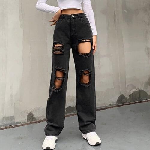 Y2K Trendy Casual Slim Ripped Jeans High Waist Straight Leg Pants Vintage Loose Jeans Black Comfortable Popular Trousers