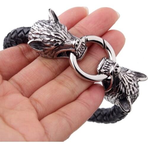 Mens Jewelry Casual Style Silver Stainless Steel Animal Wolf Black Leather Bracelet Bangle 8.66"