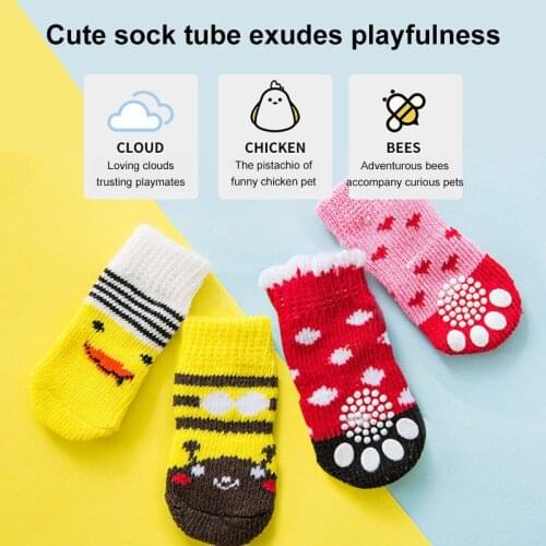 4pcs/Set Cute Puppy Dog Knit Socks Autumn Winter Pet Dog Socks Anti-Slip Knitted Small Dogs Shoes Thick Warm Paw Protector