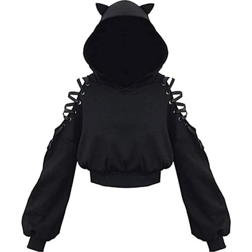 Autumn Women’s Short Hoodie Gothic Style Bandage Hooded Sweatshirt Long Sleeve Cat Ear Blouse Tops Ladies Casual Hoodie Pullover