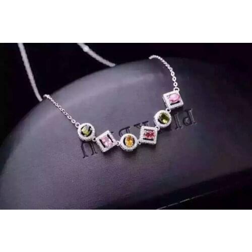 Natural multicolor tourmaline Necklace natural gemstone Pendant Necklace S925 silver trendy Luxury round Square women Jewelry