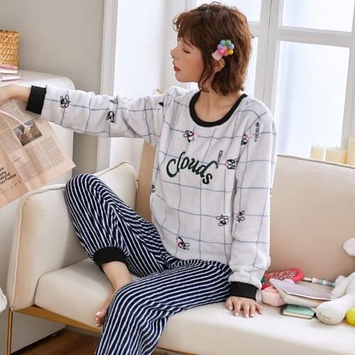 2Pcs Winter Pajama Sets Women Sleepwear Flannel Warm Pyjamas Home Suit Long Sleeve Nightwear Female Pijama Thicken Home Clothes
