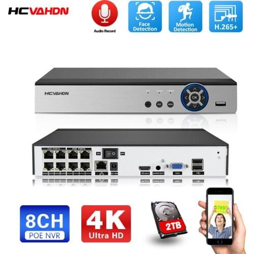 HCVAHDN 4K 8MP NVR Ultra HD H.265 8ch POE Network Video Recorder ONVIF NVR Suppot Face record&Face playback Infrared Alert P2P