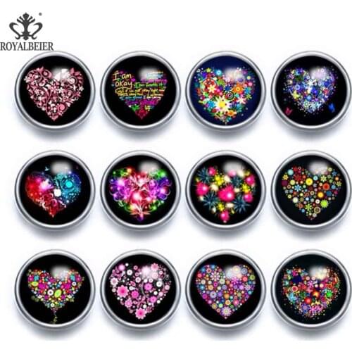Royalbeier Heart Shape 12pcs/lot Glass Charms 12mm Snap Button Fit Snap Bracelet 12mm Snap Earrings Beads for Jewelry Making