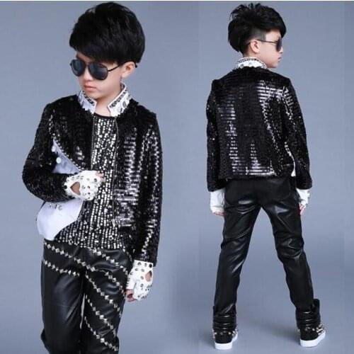 Boys Hip Hop Dance Costumes Black Sequined Coat Children Stage Wear Jazz Street Dancing Clothes Kids Birthday Outfits DN4983