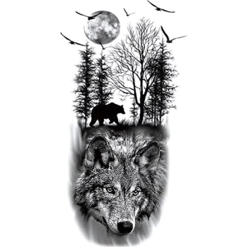 Wolf Bear Animal Forest Temporary Tattoo Sticker Black Swallow Bird Moon Fake Tattoos Waterproof Tatoos Arm Large Size Women Men