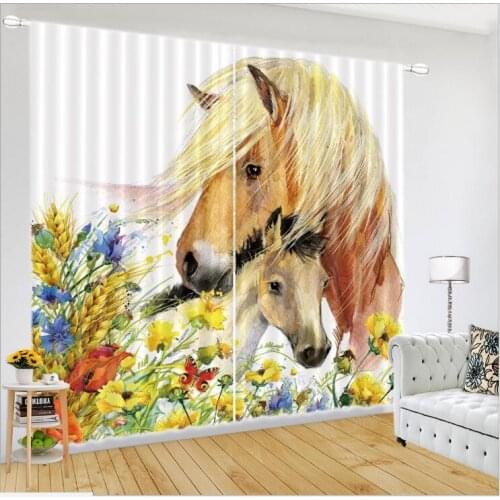 Yellow Curtains for living room Horse pattern Luxury Blackout decorate 3D Window Curtains Drapes Rideaux Cortinas pillowcase