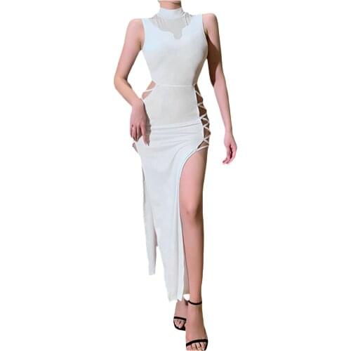 Women Summer Long Skirt, Solid Color Mock Neck Sleeveless Hollow Slit Dress with Cross Straps for Ladies, White/Black