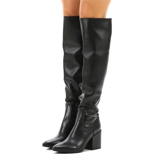 Nero Matte Leather Thigh High Boots Chunky Heel Size 10 Winter Women Long Boots Elegant Pointy Toe Free Shipping Shoes Casual