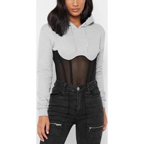 OMSJ Womens Pullover Sweatshirts Long Sleeve Autumn 2019 Black/Gray Mesh See-through Lace Striped Patchwork Hoodies Casual Hoody