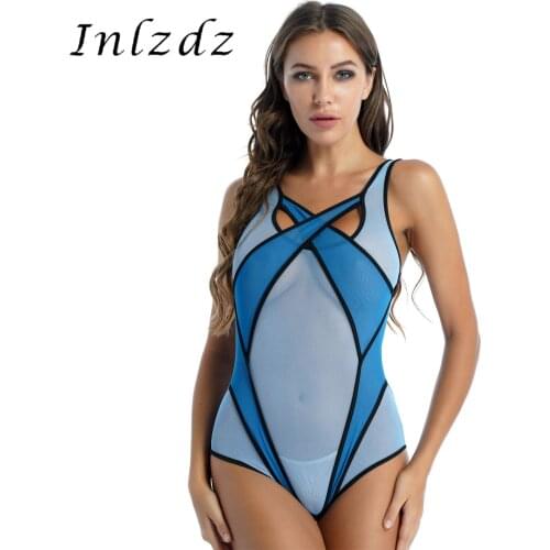 Womens Sexy Nightwear Lingerie See-through Bodysuit Cross Front Hollow Out Swimwear Sexy Mesh Patchwork Beachwear Swimsuit