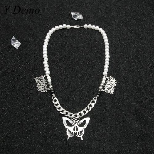 Y Demo Punk Chain Strand Necklace Women Grunge Rock Butterfly Acrylic Accessory