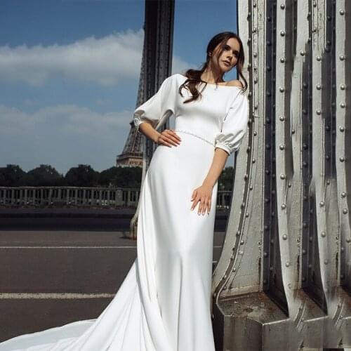 Fashion Sleeve Crystal Mermaid Vestido De Novia Minimalist Half Sleeves Beading Sash Off White Buttons Up A-Line Bridal Gowns