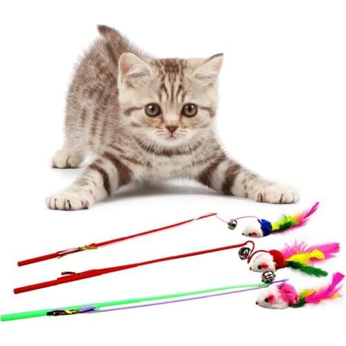 Kapmore 1pc Cat Teaser Wand Plastic Faux Feather Plush Mouse Cat Teaser Toy Cat Training Toy Pet Supplies Random Color