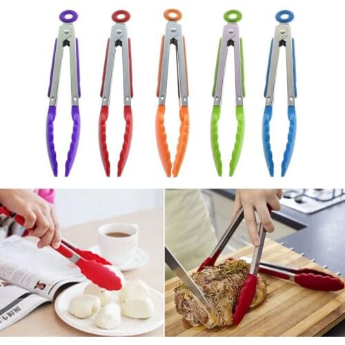 Food grade nylon 1PC Silicone Cooking Food Serving BBQ Tongs Stainless Steel Handle Utensil Heat-resistant