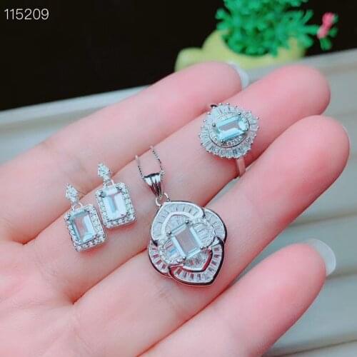 100% Natural Real Aquamarine Set 925 sterling silver 1pc Ring,2pcs Earring,1pc Pendant For Wedding