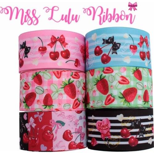 16mm-75mm Fruit Series Strawberry Cherry Printed Grosgrain/Foe Ribbon Geometric Check Stripe DIY Hair Bowknots 50yards/roll