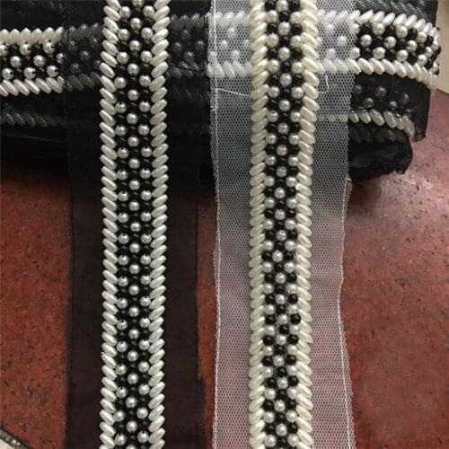 2Yards/lot 3cm wide handmade beaded pearl black white lace trims DIY home doce clothes belt collar lace accessories Z1416