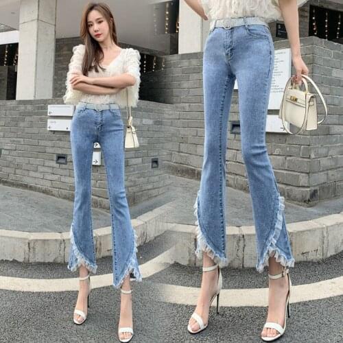 2021 HOT Spring and Autumn Womens jeans Bell-bottoms 9-point pants Trousers High waist Show thin Light blue All-match Fashion