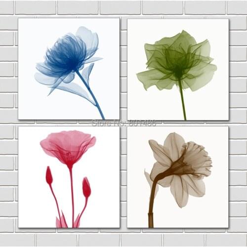 Custom 4 Panel Blue And Red Floral Pictures Paintings on Canvas Flower Print Artwork for Living Room Bedroom Home Decor