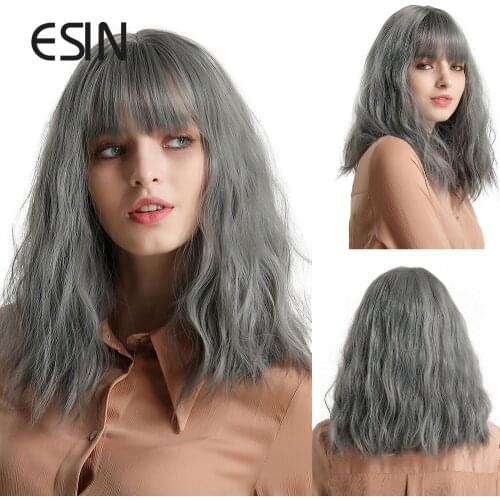 ESIN Medium Long Grey Blue Body Wave Wig with Bangs Cosplay Daily Natural Wigs for Women Heat-resistant Synthetic Hair