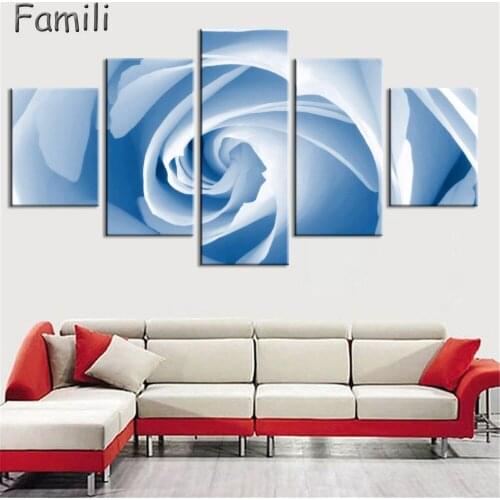 Hot Sale 5 Piece Wall Art Blue Rose Canvas Paintings Decorate Living Room Sofa Background Modern Blue Rose Flower Oil Painting