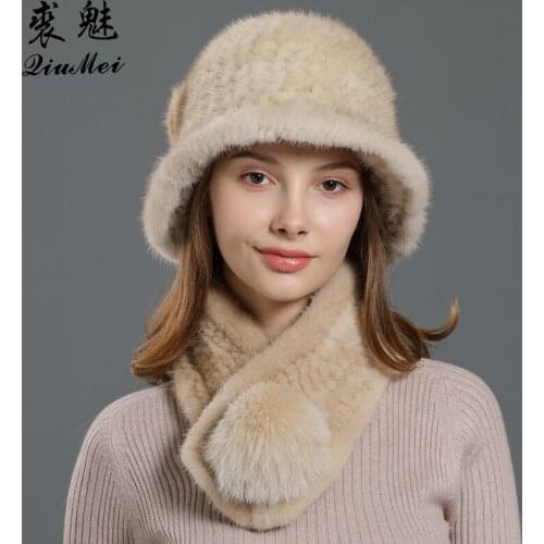 Mink Fur Hat Scarf Set Natural Fur neckerchief Caps Real Fur Knitting Winter Genuine Fox Fur Beanie Fedoras Muffler Two Piece