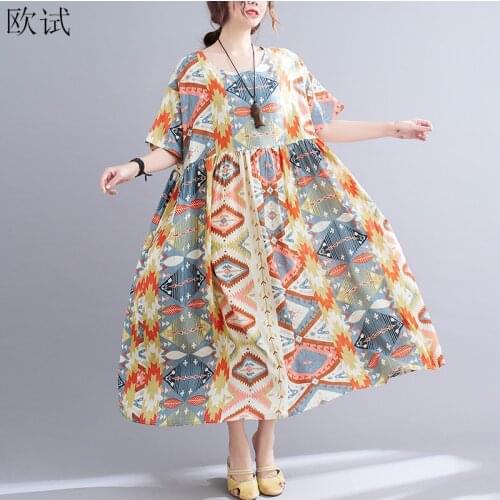 Oversized Boho Summer Beach Dress Women Floral Ladies Casual Dresses Cotton Long Bohemia Oversize Dress Robe New Fashion 2021