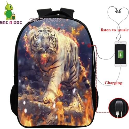 Mochila Back To School Tiger 3D Print Kawaii Backpack Bag Kid School Bag USB Charging Backpacks for School Teenager Backpack Men